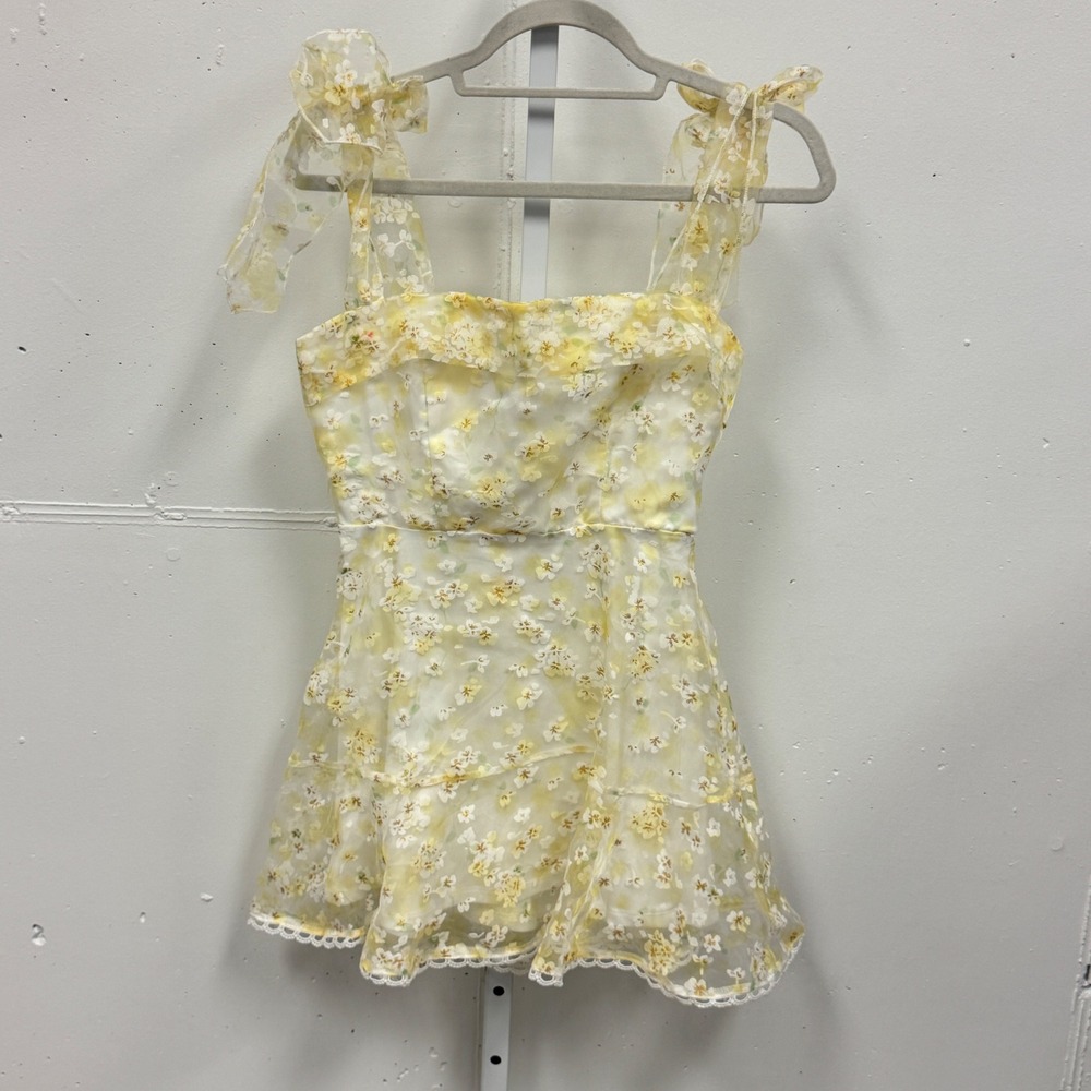 Lucy In The Sky Yellow Floral Tie Shoulder Mini Dress Lace Trim Size M‎ Coquette